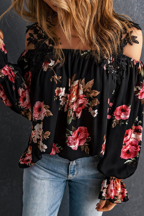 Blusa holgada con hombros descubiertos y patchwork de encaje con estampado floral