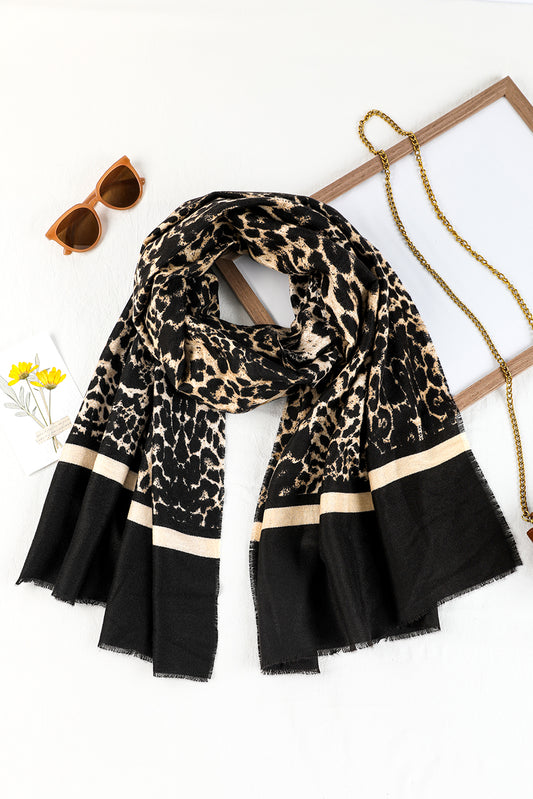 Black Leopard Printed Raw Edge Warm Scarf