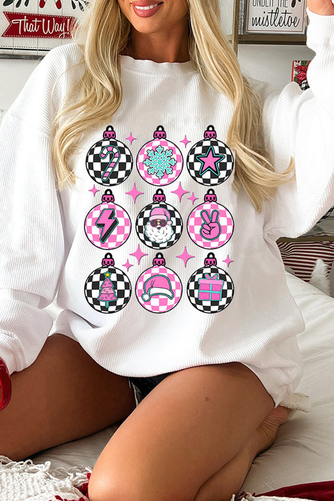 White Christmas Pattern Checkered Print Ribbed Pullover Sweatshirt