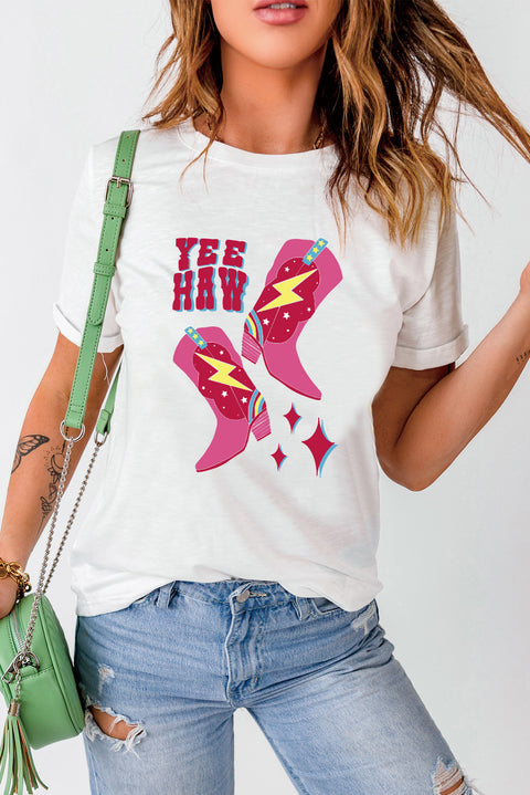 White YEE HAW Western Boots Print Crewneck T Shirt