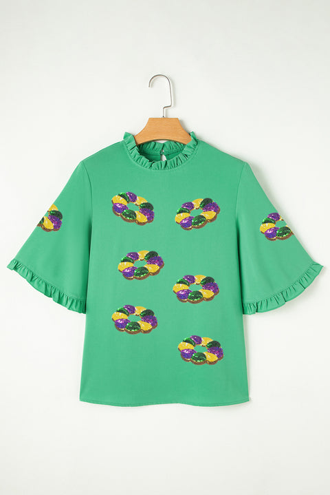 Green Sequin Doughnut Graphic Ruffled Trim Bell Sleeve Mardi Gras Blouse