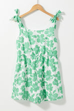 Green Flower Print Knotted Straps Square Neck Romper