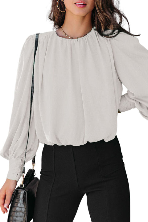 Black Padded Shoulder Buttoned Cuffs Pleated Loose Blouse