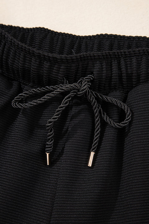 Black Textured Quarter Zip Kangaroo Pocket Top Drawstring Shorts Set