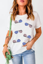 White Sequined American Flag Sunglasses Crew Neck T Shirt