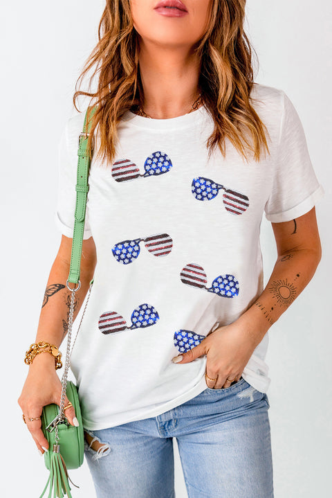 White Sequined American Flag Sunglasses Crew Neck T Shirt