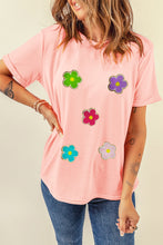 Pink Glittering Chenille Flower Patched Pattern Crewneck T Shirt