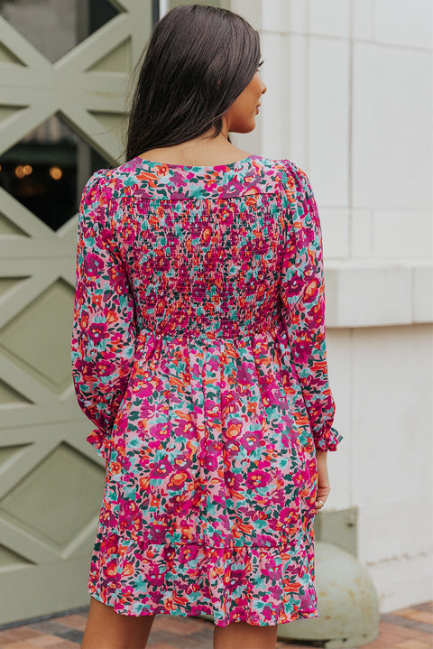 Smocked V Neck Puffy Sleeve Floral Dress