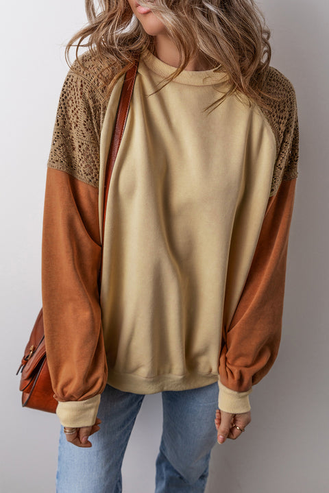 Khaki Lace Patchwork Colorblock Drop Shoulder Sweatshirt