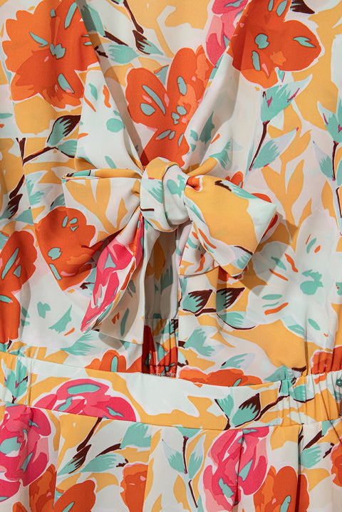 Orange Blooming Floral Print Front Tie Romper