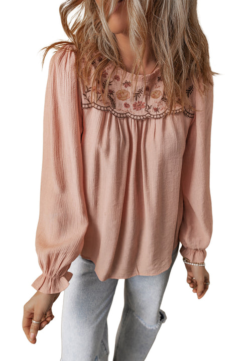 Gossamer Pink Floral Embroidered Textured Flounce Sleeve Elegant Blouse