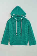 Sea Green Cable Knit V Neck Contrast Drawstring Hooded Sweater