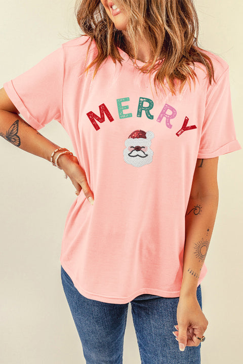 Pink Sequin MERRY Santa Clause Graphic T Shirt