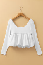 White U Neck Long Sleeve Bubble Hem Top