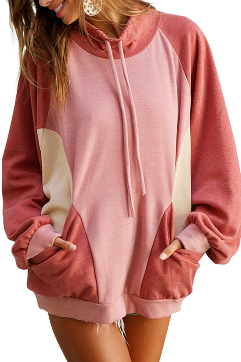 Pink Drawstring Pullover Pocketed Colorblock Sweatshirt