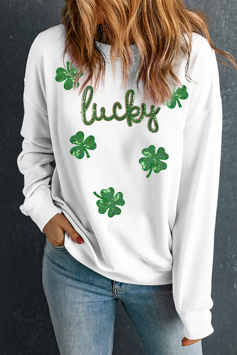 White lucky Clover Sequin Graphic Drop Shoulder Sweatshirt