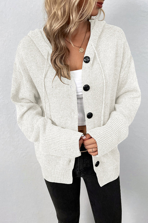 White Drawstring Hooded Button Up Drop Shoulder Sweater Cardigan