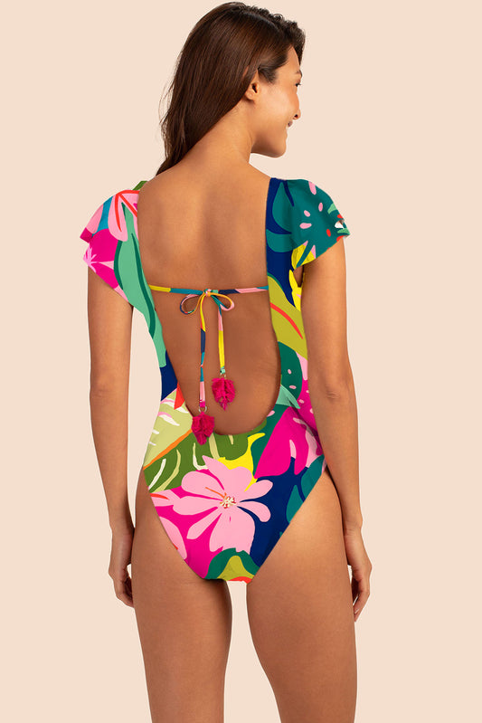 Green Tropical Print V Neck Tied Backless One Piece Swimsuit