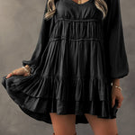 Black Tiered Ruffled Puff Sleeve Loose Fit Mini Dress