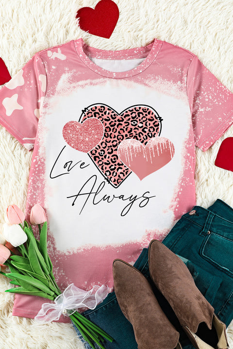 Love Always Heart Leopard Bleached Print Graphic T Shirt