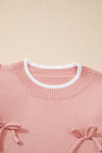 Light Pink Ruffled Bowknot Ribbed Trim Long Sleeve Sweater