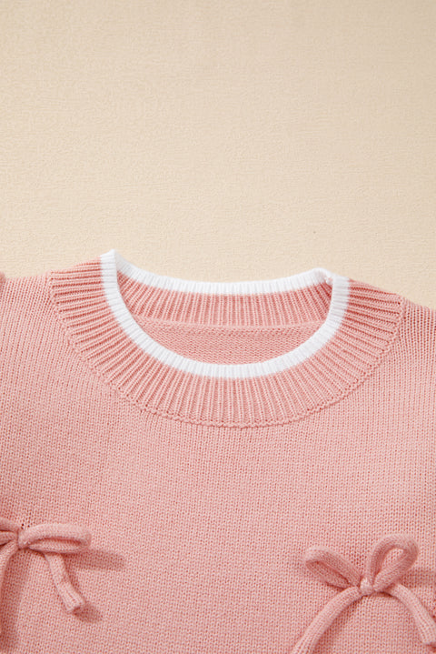 Light Pink Ruffled Bowknot Ribbed Trim Long Sleeve Sweater