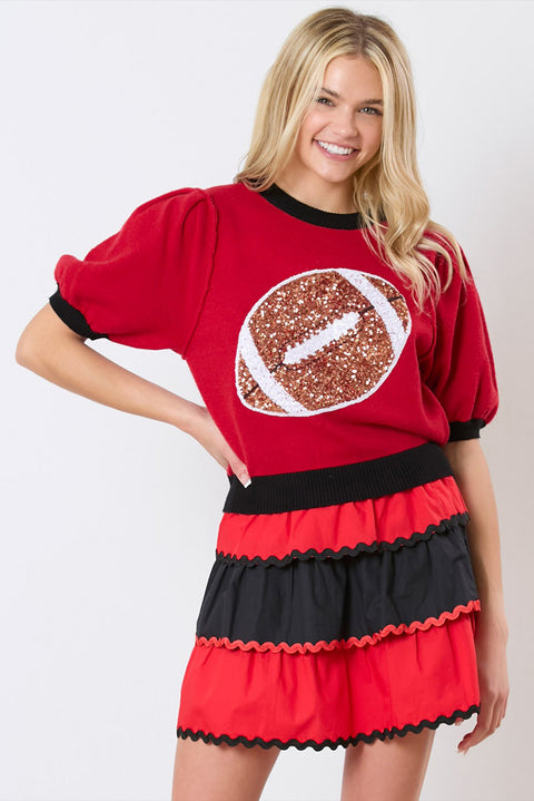 Red Sequin Rugby Color Block Puff Short Sleeve Sweater