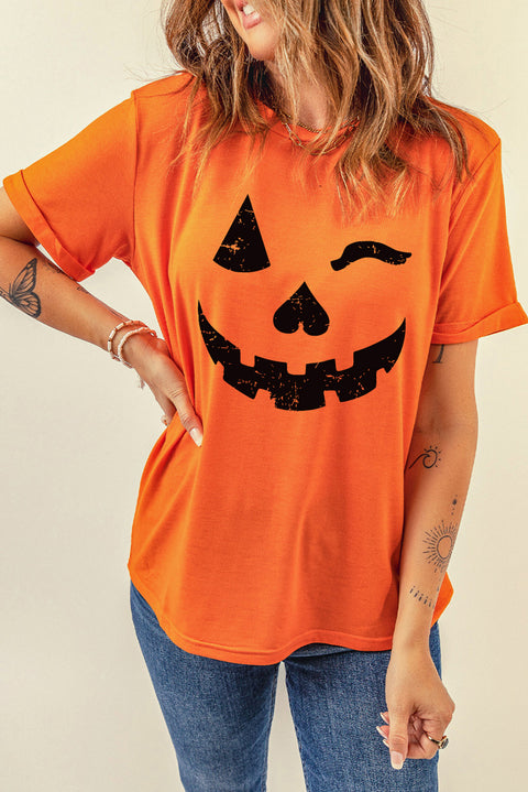 Camiseta con cuello redondo y estampado de cara de calabaza de Halloween naranja