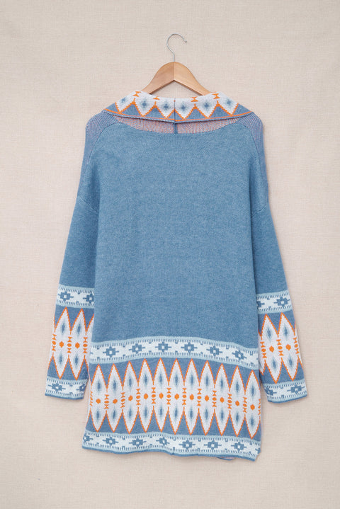 Gray Aztec Print Open Front Knitted Cardigan