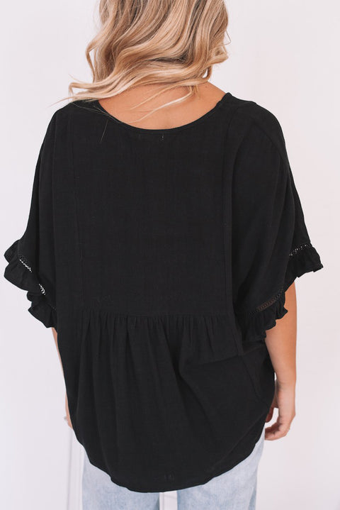 Ruffled Lace Detail Loose V Neck Top