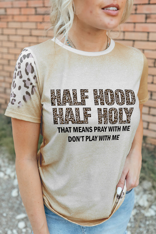 Khaki HALF HOOD HALF HOLY Leopard Short Sleeve T Shirt