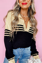 Black Colorblock Stripe Collared V Neck Sweater