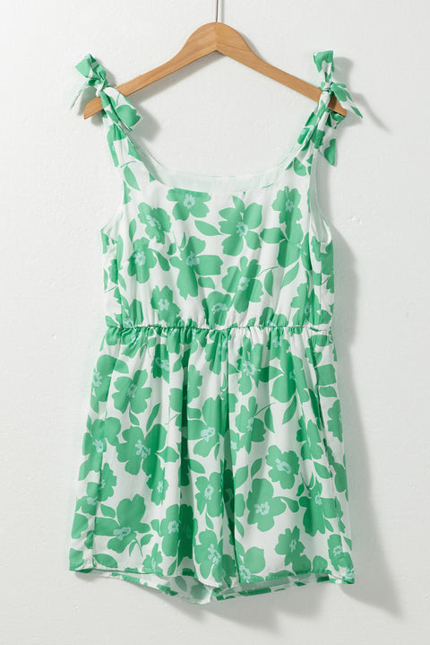 Green Flower Print Knotted Straps Square Neck Romper