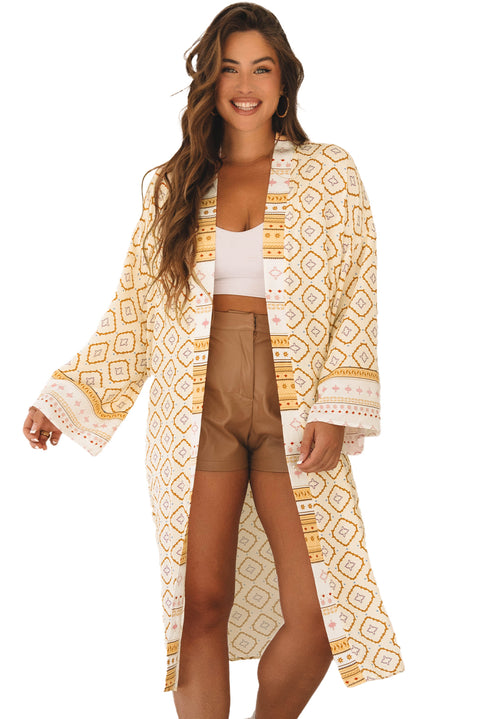 Yellow Bohemian Geometric Printed Loose Sleeve Long Kimono