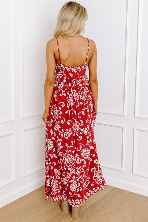 Red Floral Printed Spaghetti Strap Empire Waist Maxi Dress