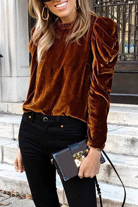 Chestnut Frilled Collar Puff Sleeve Velvet Top