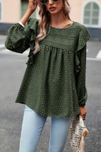 Blackish Green Lace Eyelet Ruffle Shoulder Long Sleeve Blouse