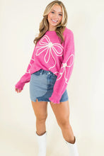 Bright Pink Corded Flower Bow Ribbed Trim Casual Sweater