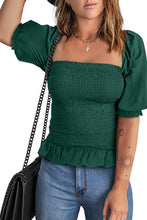 Green Smocked Puffy Sleeve Ruffled Top