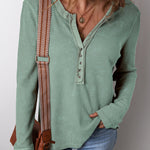 Smoke Green Acid Wash Waffle Knit Buttoned Neckline Long Sleeve Top