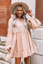 Oatmeal Crinkle Distressed Puff Sleeve Flared Dress