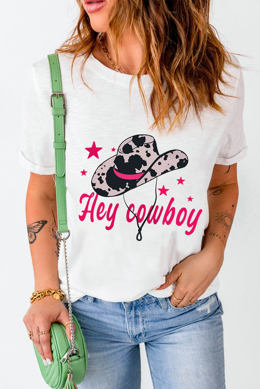 White Hey Cowboy Hat Star Print Round Neck T Shirt