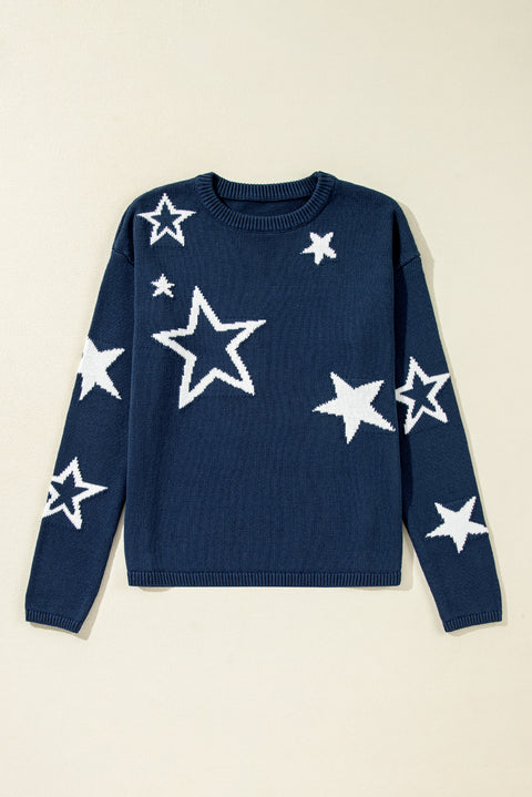 Sail Blue Star Pattern Drop Shoulder Knitted Sweater