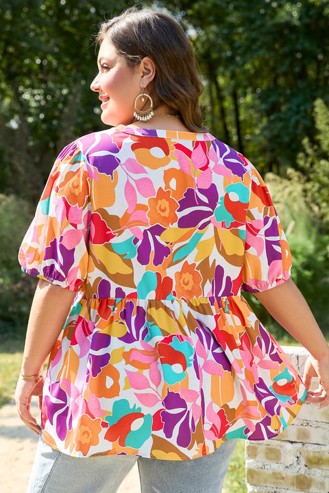 Pink Plus Size Floral Print V Neck Fit and Flare Blouse