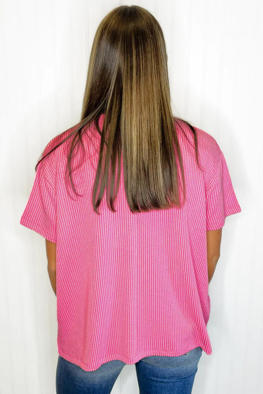 Pink Corded Knit Pocketed Loose Fit T Shirt