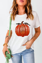 White Sequined Thanksgiving Pumpkin Graphic Cuffed Sleeve T Shirt