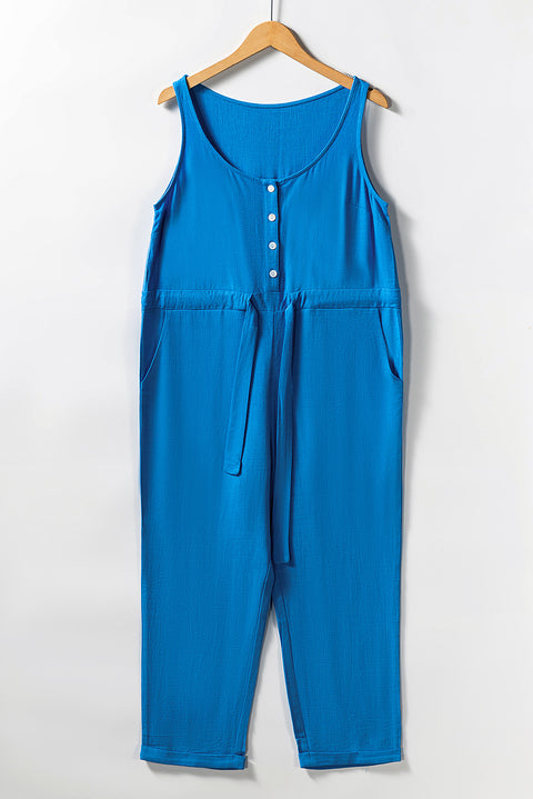 Button Drawstring High Waist Sleeveless Cropped Jumpsuit