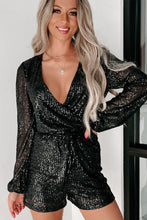 Black Sequined V Neck Wrapped Long Sleeve Romper