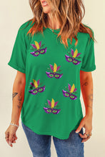 Bright Green Sequin Mardi Gras Mask Patched Pattern Crewneck Tee