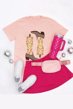 Pink Western Floral Boots Print Round Neck Loose T Shirt